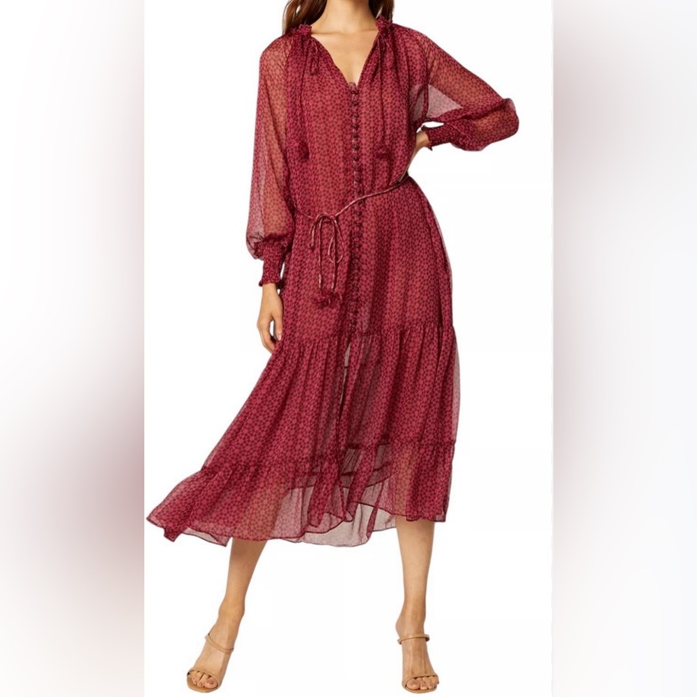 MISA Los Angeles Floral Ruffle Midi Dress Burgundy Pink Boho Size S